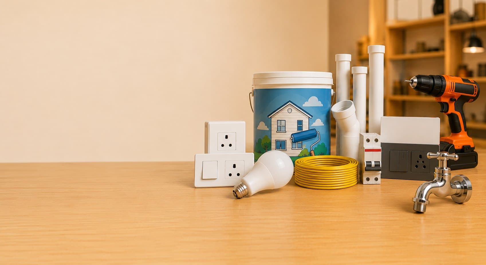 Assorted trade essentials — paint, pipes, switches, tools