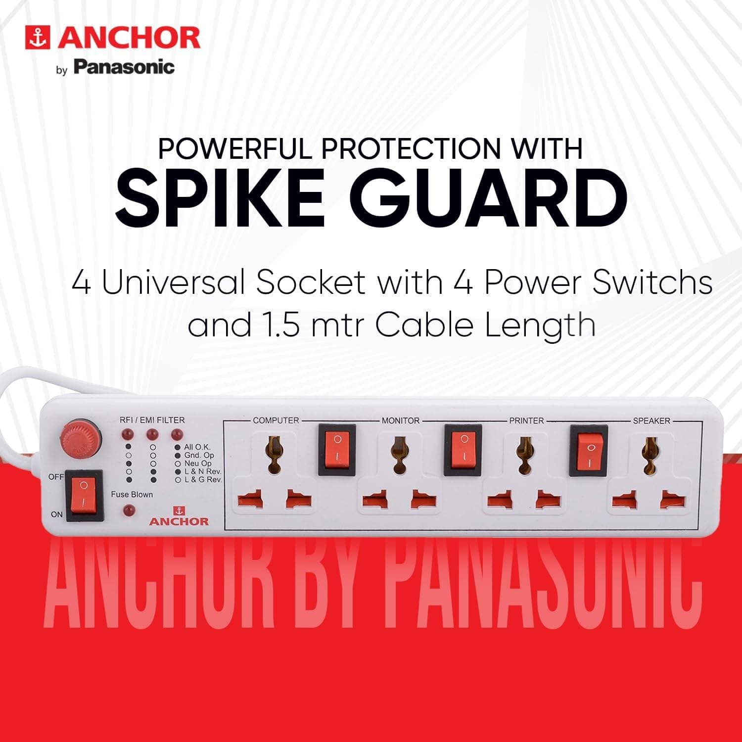 Anchor by Panasonic 6A 4 Universal Socket Shutter Extension Board with Individual Switch & 1.5Meter Extension Cord - White | 240 V | Socket Configuration: 4 Sockets (3 Switch, 1 Master Switch)||Surge Protection: Yes (with Manual Reset Button) - View 6