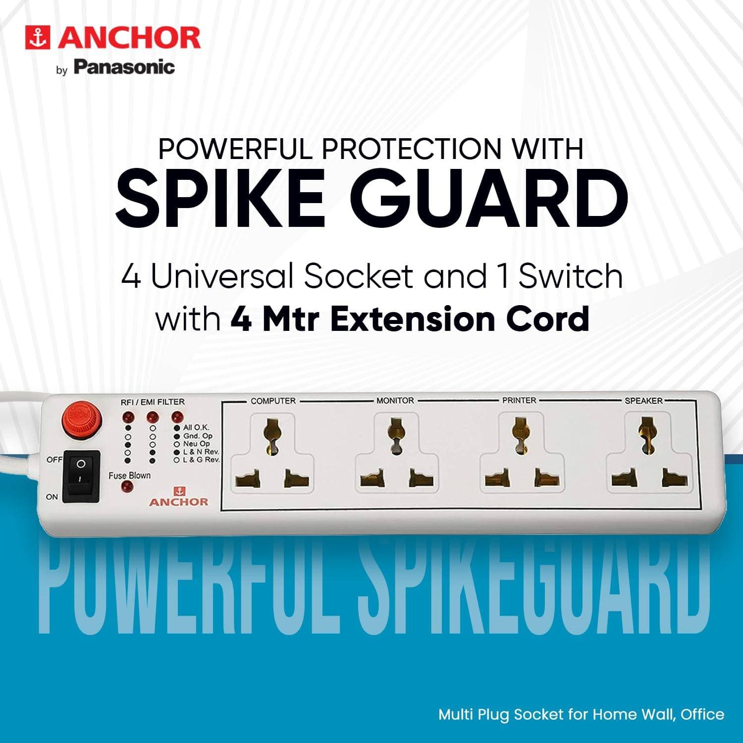 Anchor by Panasonic 6A 4 Universal Socket Shutter Extension Board with Single Switch & 4-Meter Extension Cord - White | 250 V | Socket Configuration: 4 Sockets (1 Master Switch)||Surge Protection: Yes (with Manual Reset Button) - View 6